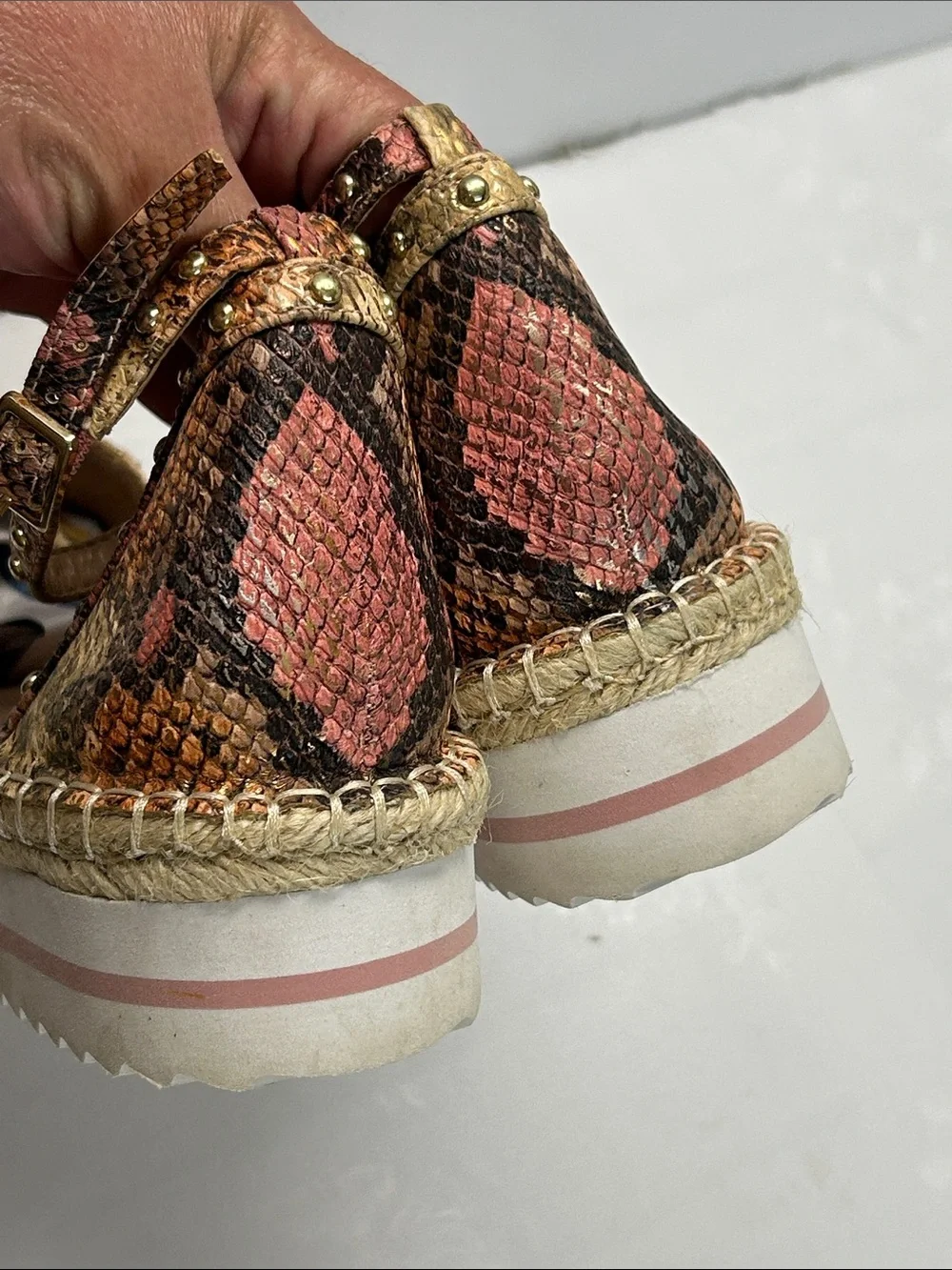 Women's Pink Snake-Print Espadrille Sandals with Ankle Strap